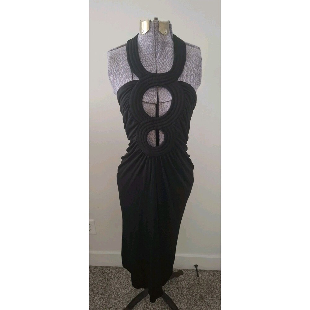AZZARO Paris Three Ring Dress Black Halter Ruched Cutout Jersey France Sz 10
